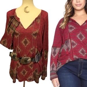 Lucky Brand 
Bohemian Paisley  
PEASANT TOP Blouse 
MAROON Long Sleeve SIZE 2X